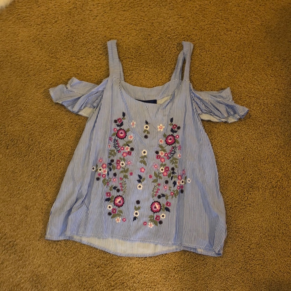 Francesca’s blue striped flower off the shoulder top